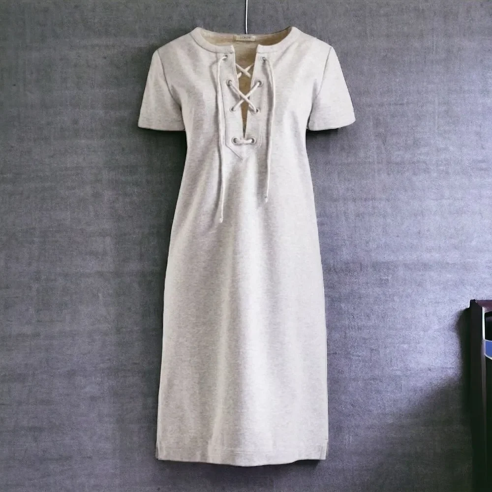 Gray V Neck Lace Up Short Sleeve Cotton Jersey Mini Dress NEW